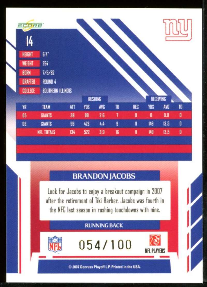 Brandon Jacobs Card 2007 Select Scorecard #14 Image 2