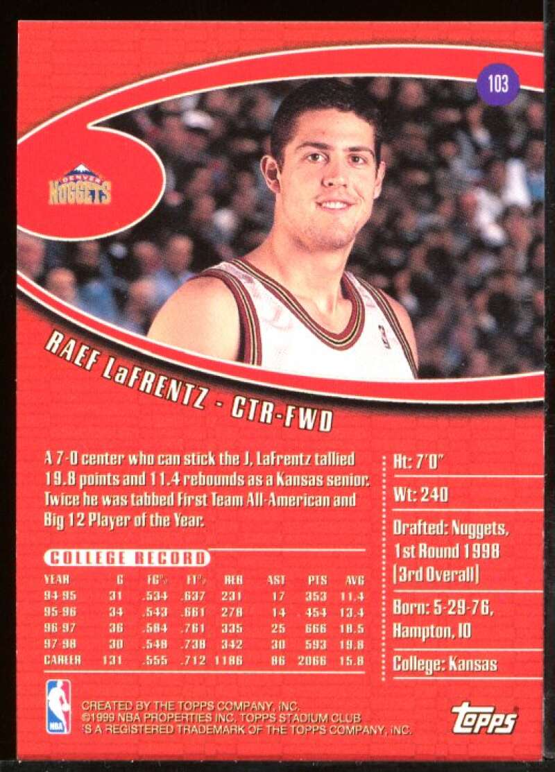 Raef LaFrentz Rookie Card 1998-99 Stadium Club #103 Image 2