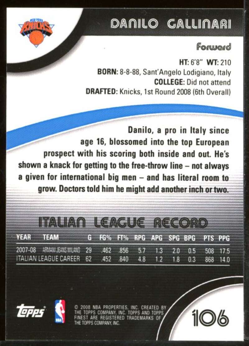 Danilo Gallinari XRookie Card 2007-08 Finest #106 Image 2