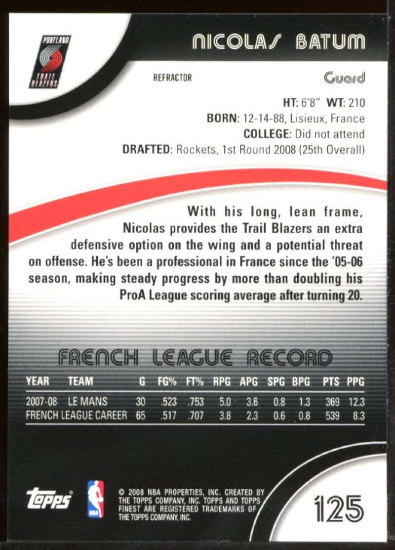 Nicolas Batum Rookie Card 2007-08 Finest Refractors #125 Image 2