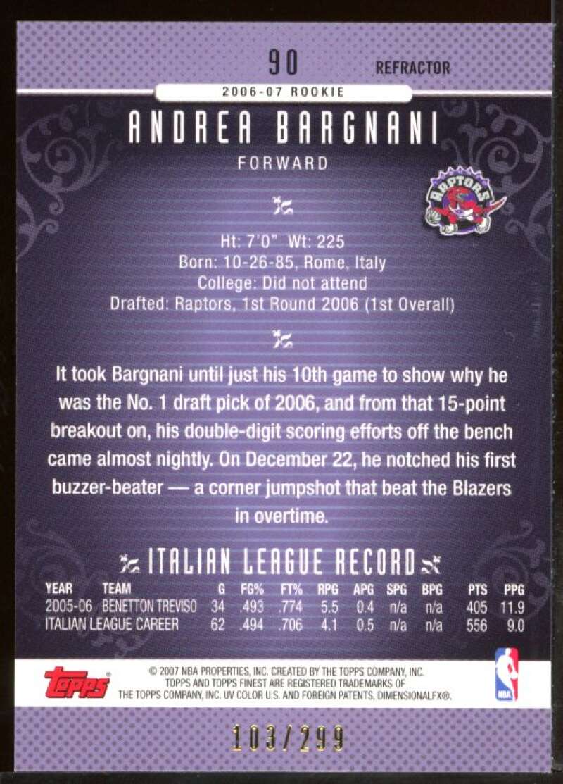 Andrea Bargnani Rookie Card 2006-07 Finest Refractors Blue #90 Image 2