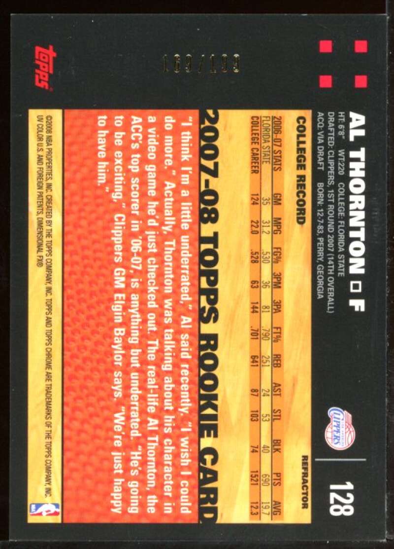 Al Thornton Rookie Card 2007-08 Topps Chrome Refractors Orange #128 Image 2