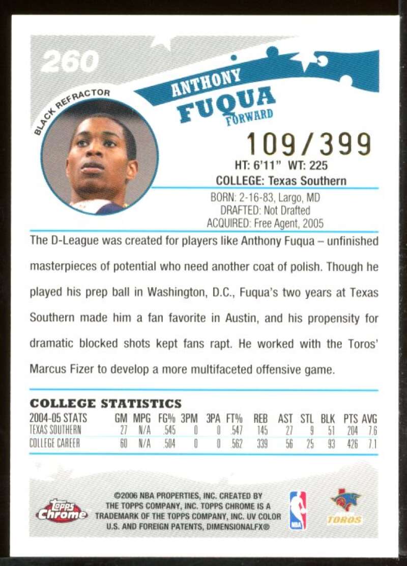 Anthony Fuqua Rookie Card 2005-06 Topps Chrome Refractors Black #260 Image 2