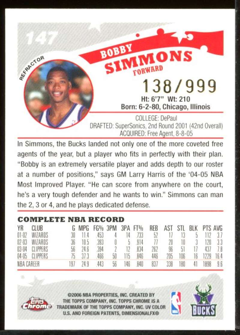 Bobby Simmons Card 2005-06 Topps Chrome Refractors #147 Image 2