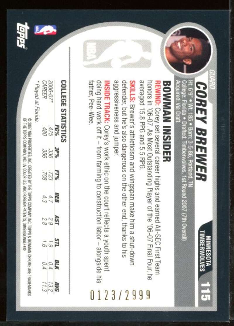Corey Brewer Rookie Card 2007-08 Bowman Chrome #115 Image 2