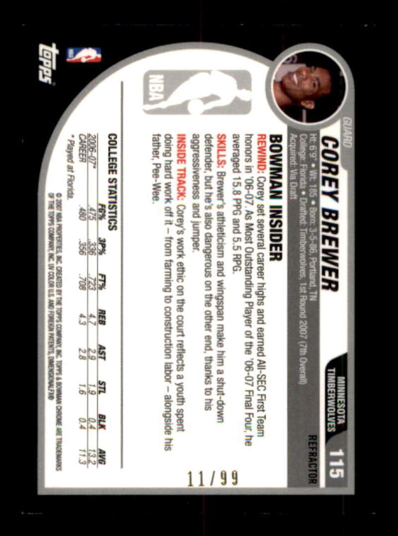 Corey Brewer Rookie Card 2007-08 Bowman Chrome Refractors Gold #115 Image 2