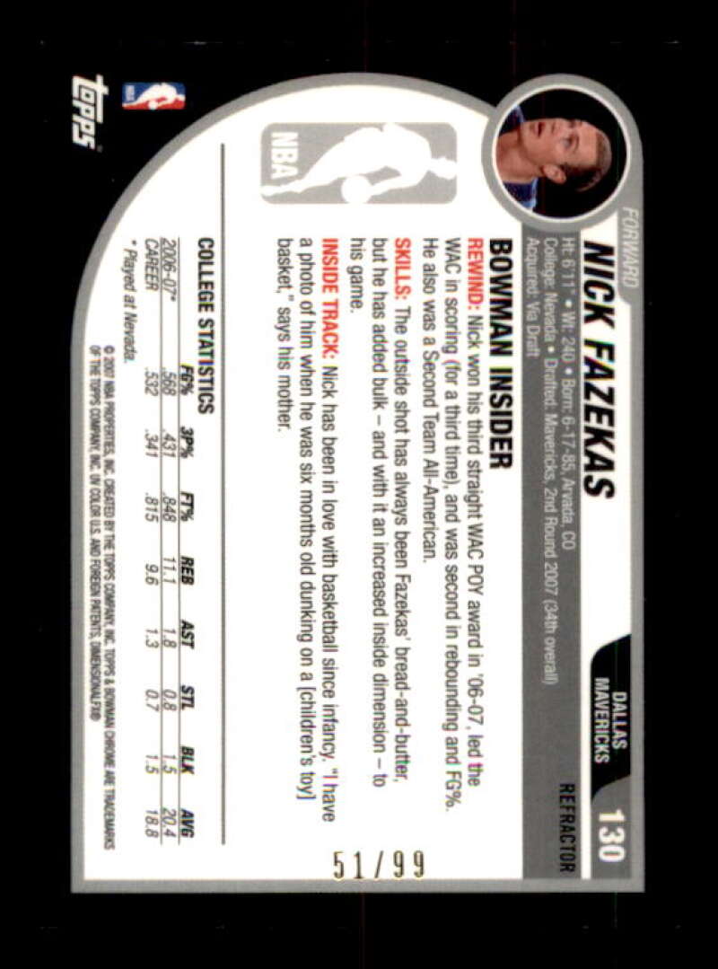 Nick Fazekas Rookie Card 2007-08 Bowman Chrome Refractors Gold #130 Image 2
