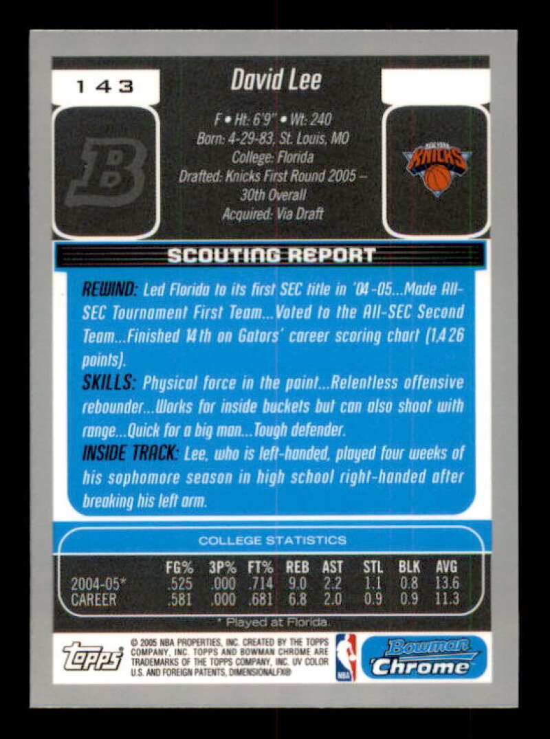 David Lee Rookie Card 2005-06 Bowman Chrome #143 Image 2