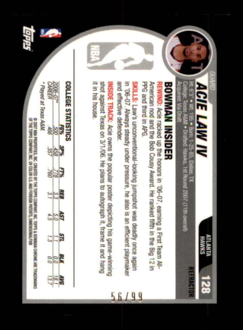 Acie Law Rookie Card 2007-08 Bowman Chrome Refractors Gold #128 Image 2