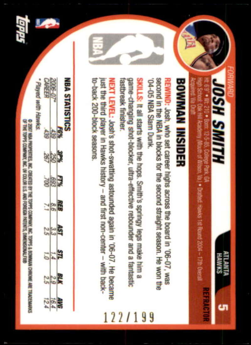 Josh Smith Card 2007-08 Bowman Chrome Refractors Black #5 Image 2