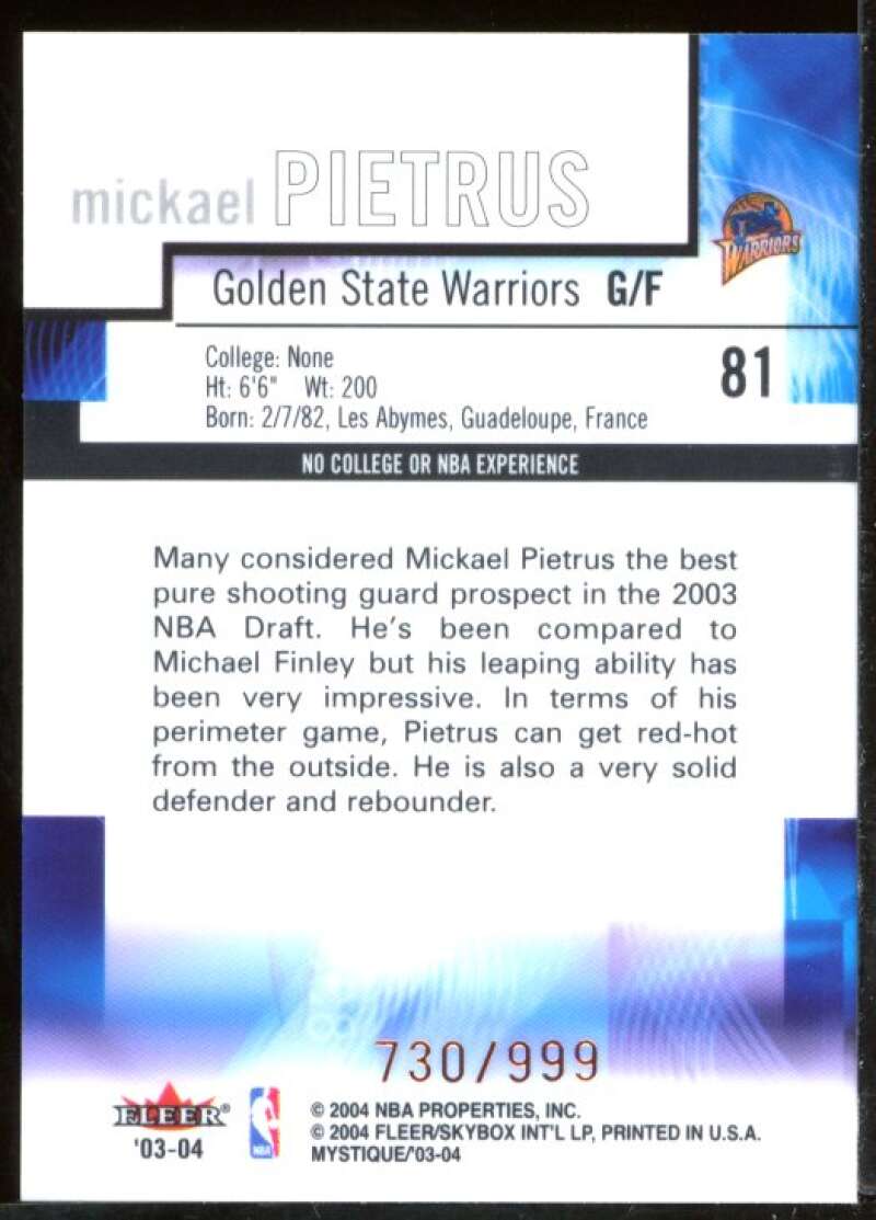 Mickael Pietrus Rookie Card 2003-04 Fleer Mystique #81 Image 2