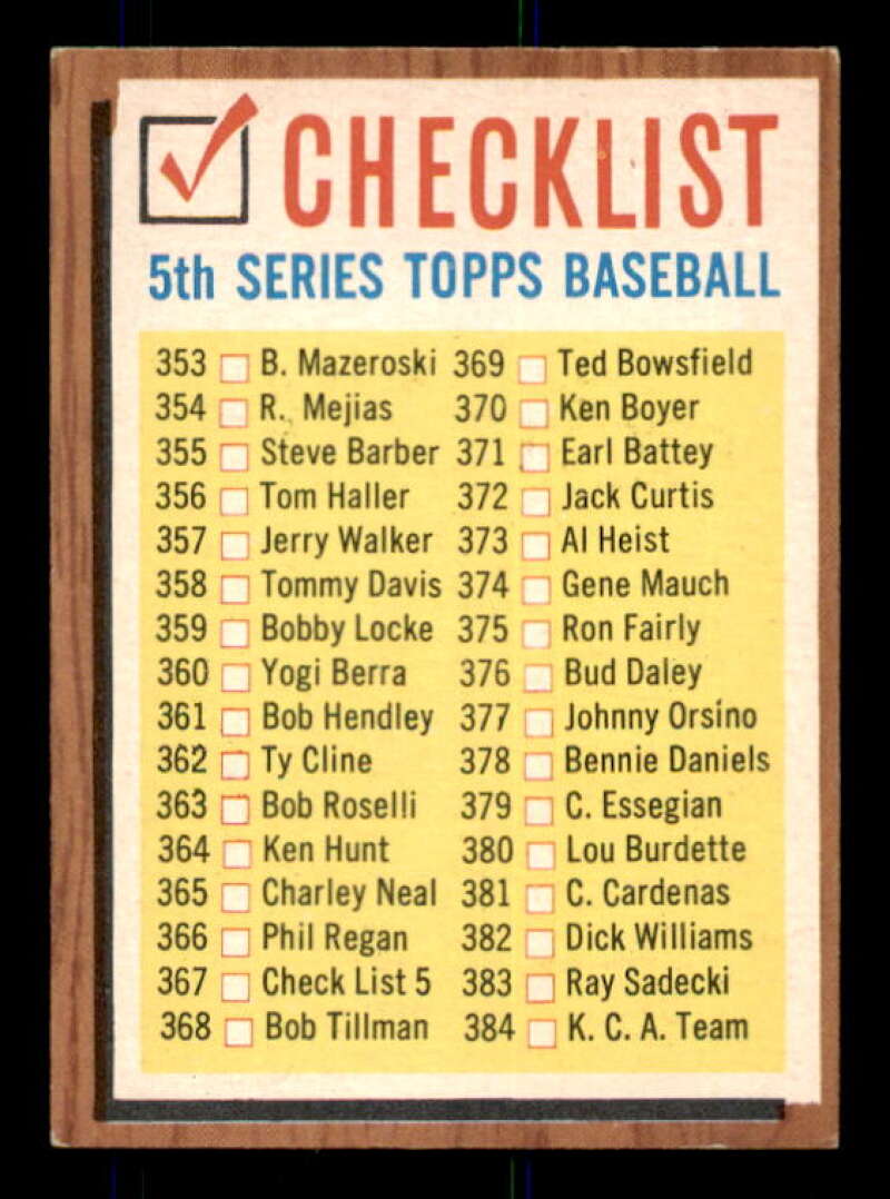 Checklist 5 Card 1962 Topps #367 Image 1