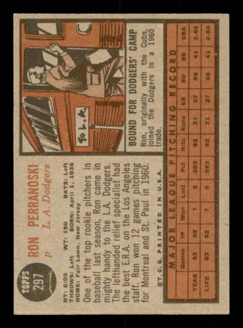 Ron Perranoski Card 1962 Topps #297 Image 2