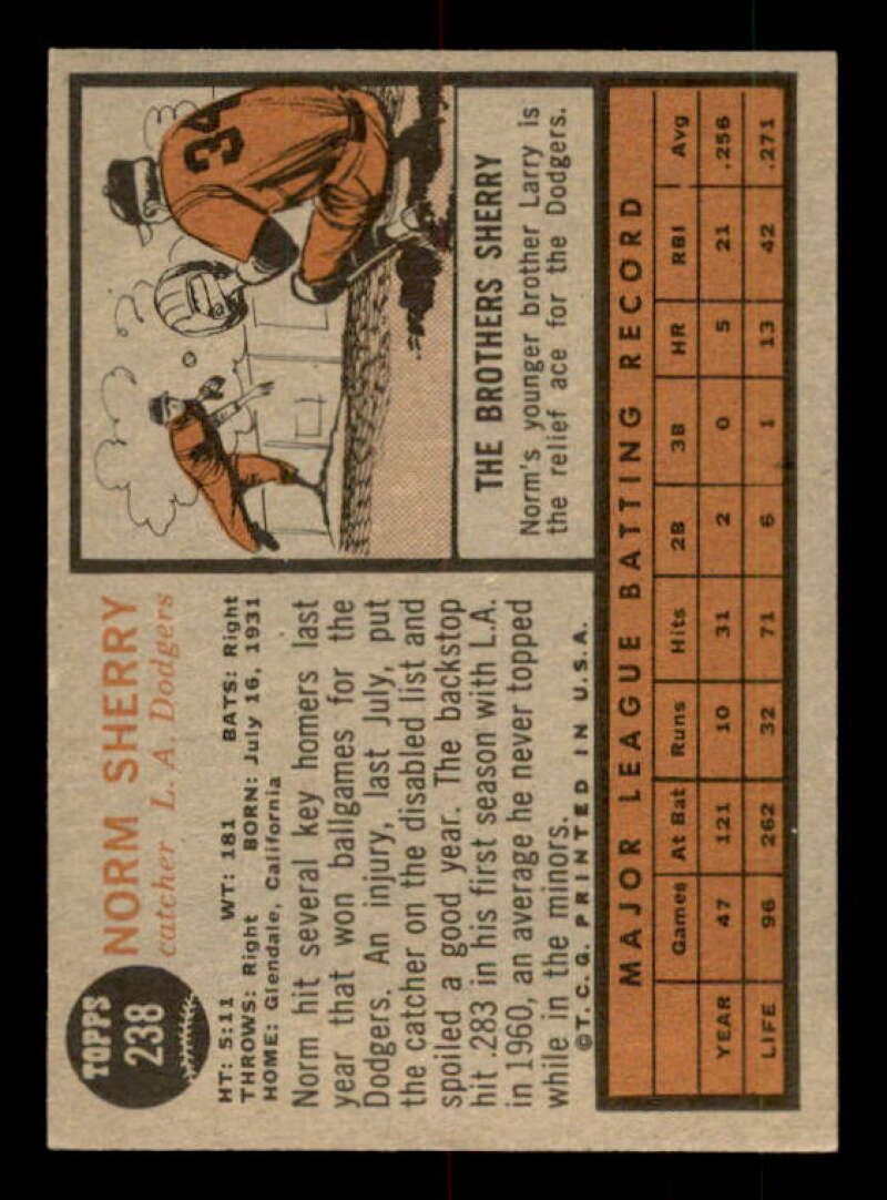 Norm Sherry Card 1962 Topps #238 Image 2