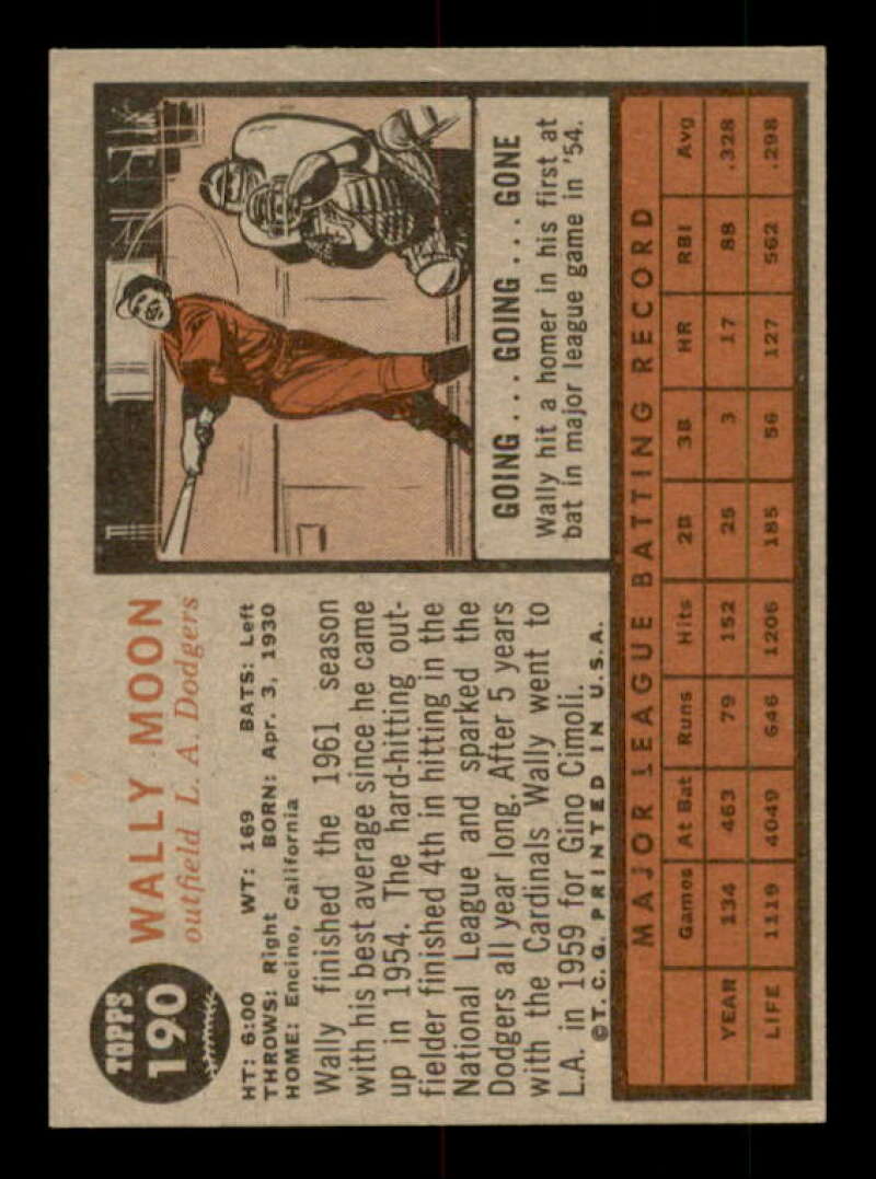 Wally Moon No Cap Card 1962 Topps #190A Image 2