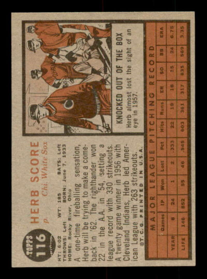 Herb Score Card 1962 Topps #116 Image 2