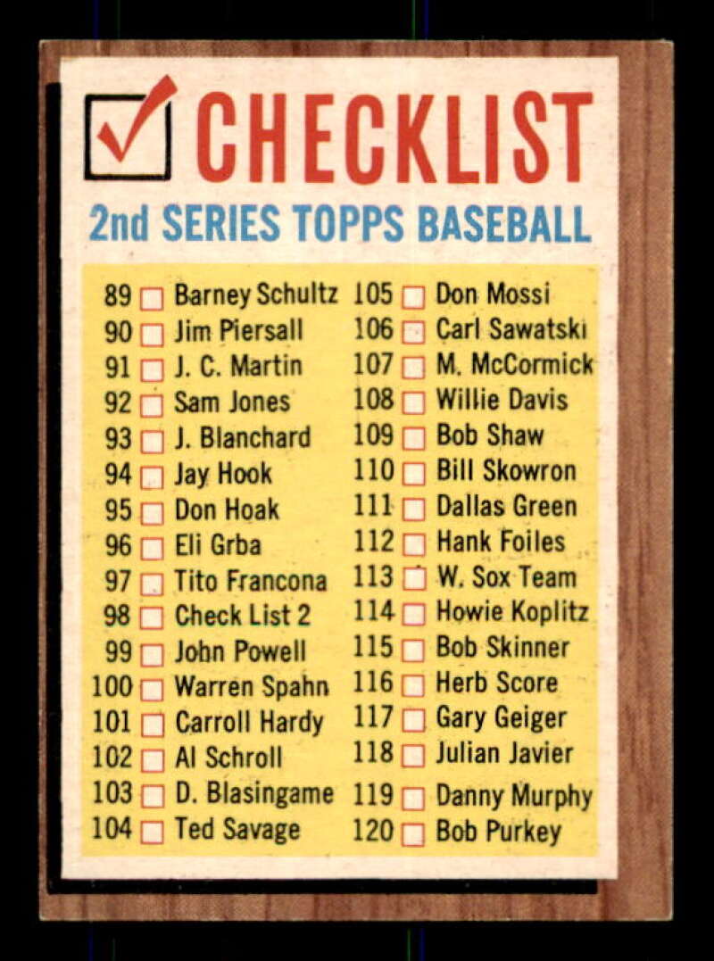 Checklist 2 Card 1962 Topps #98 Image 1