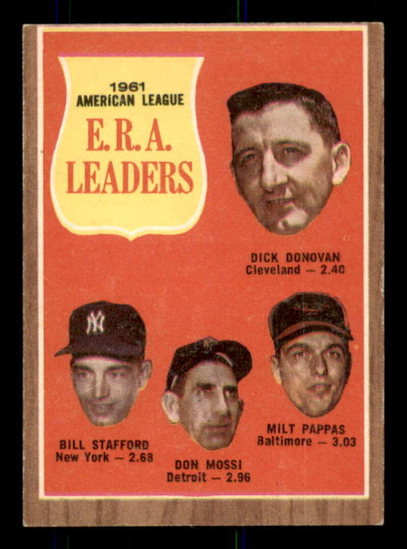 AL ERA Leaders/Dick Donovan/Bill Stafford/Don Mossi/Milt Pappas 1962 Topps #55 Image 1