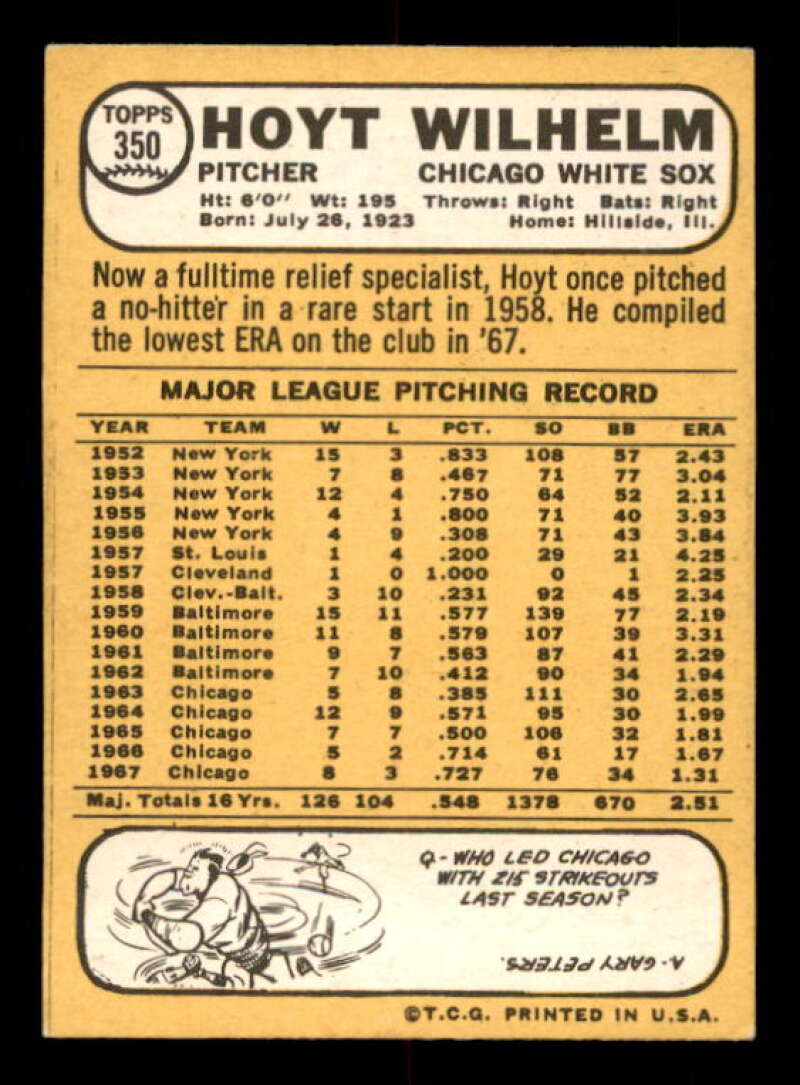 Hoyt Wilhelm Card 1968 Topps #350 Image 2