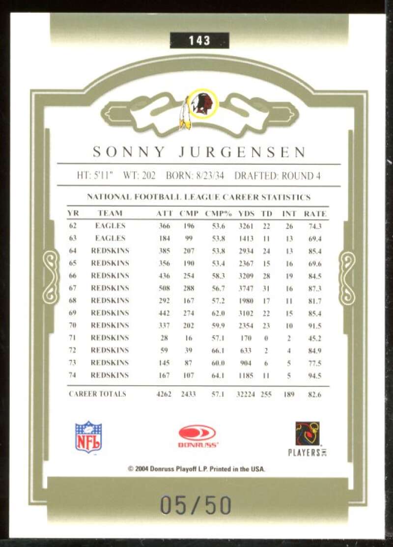 Sonny Jurgensen Card 2004 Donruss Classics Timeless Tributes Green #143 Image 2