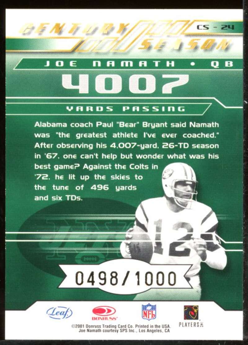 Joe Namath Card 2001 Quantum Leaf Century Season #CS24 Image 2