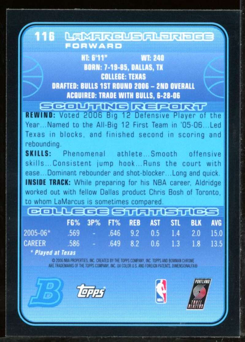 LaMarcus Aldridge Rookie Card 2006-07 Bowman Chrome #116 Image 2