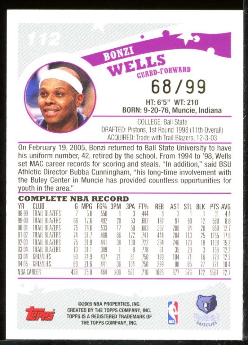 Bonzi Wells Card 2005-06 Topps Gold #112 Image 2