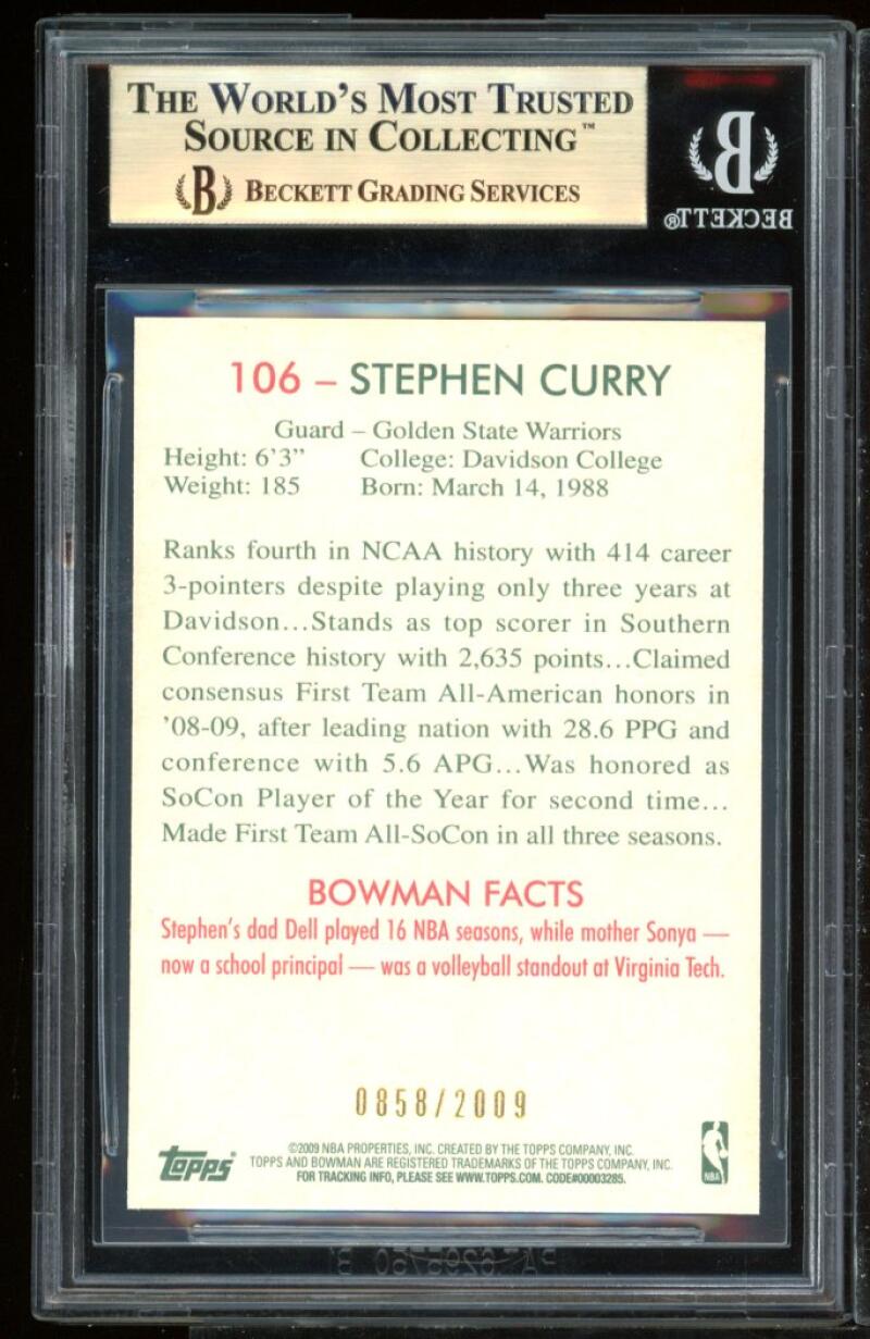 Stephen Curry Rookie Card 2009-10 Bowman 48 #106 BGS 9.5 (9.5 9.5 10 9.5) Image 2