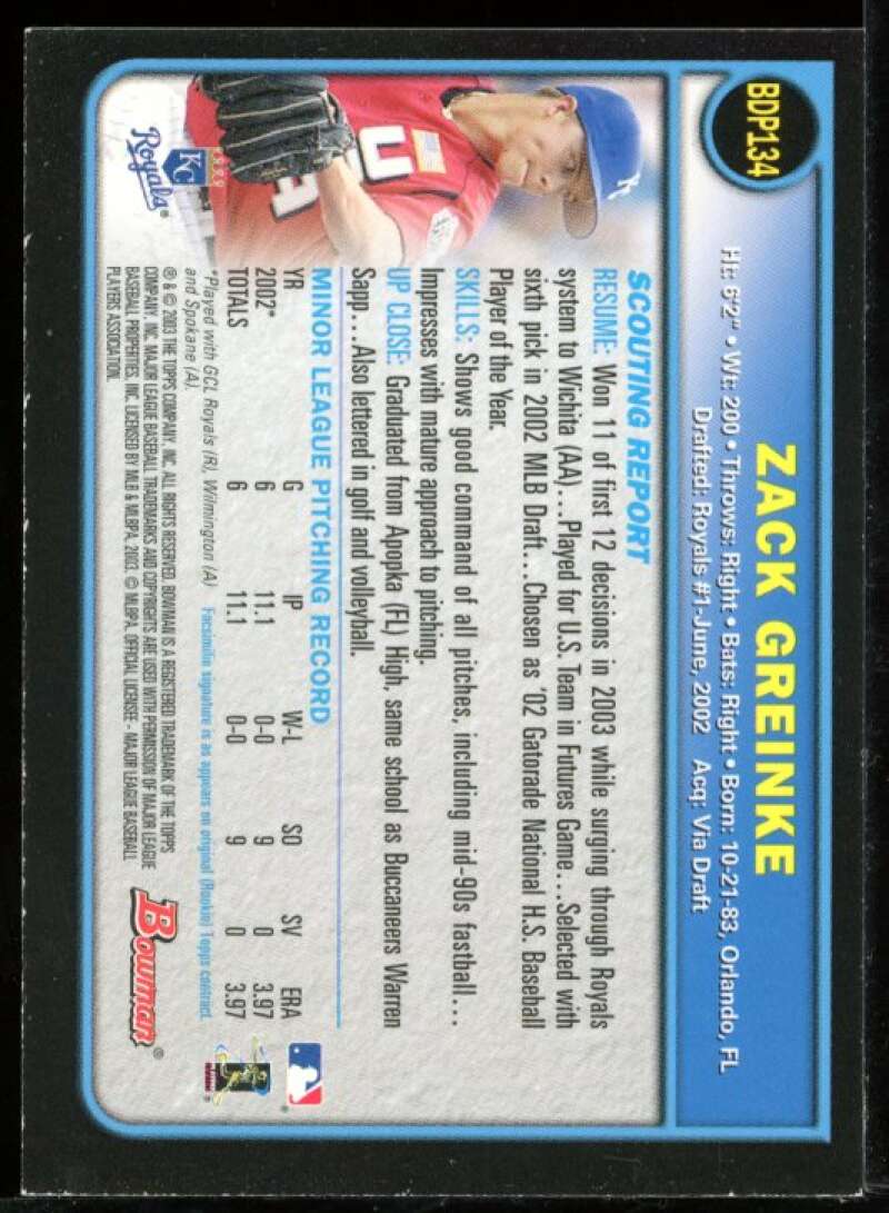 Zack Greinke Card 2003 Bowman Draft Gold #134 Image 2