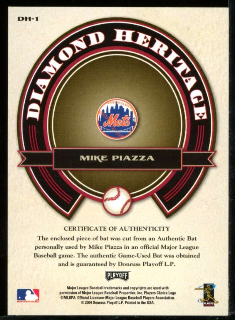 Mike Piazza Bat Card 2004 Playoff Prestige Diamond Heritage Material #1 Image 2