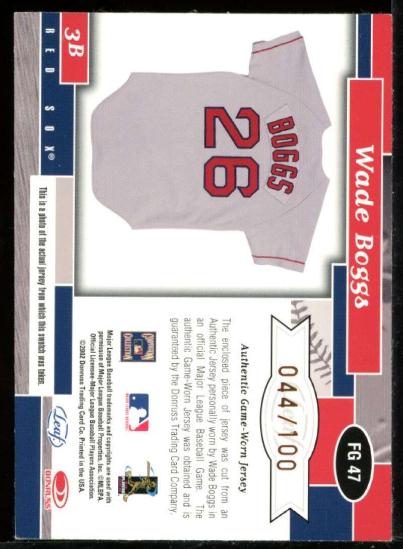 Wade Boggs Card 2002 Leaf Certified Fabric of the Game #47BA /100 Image 2
