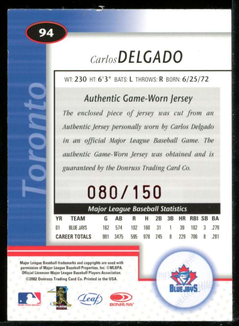 Carlos Delgado Jsy Card 2002 Leaf Certified Mirror Red #94 Image 2
