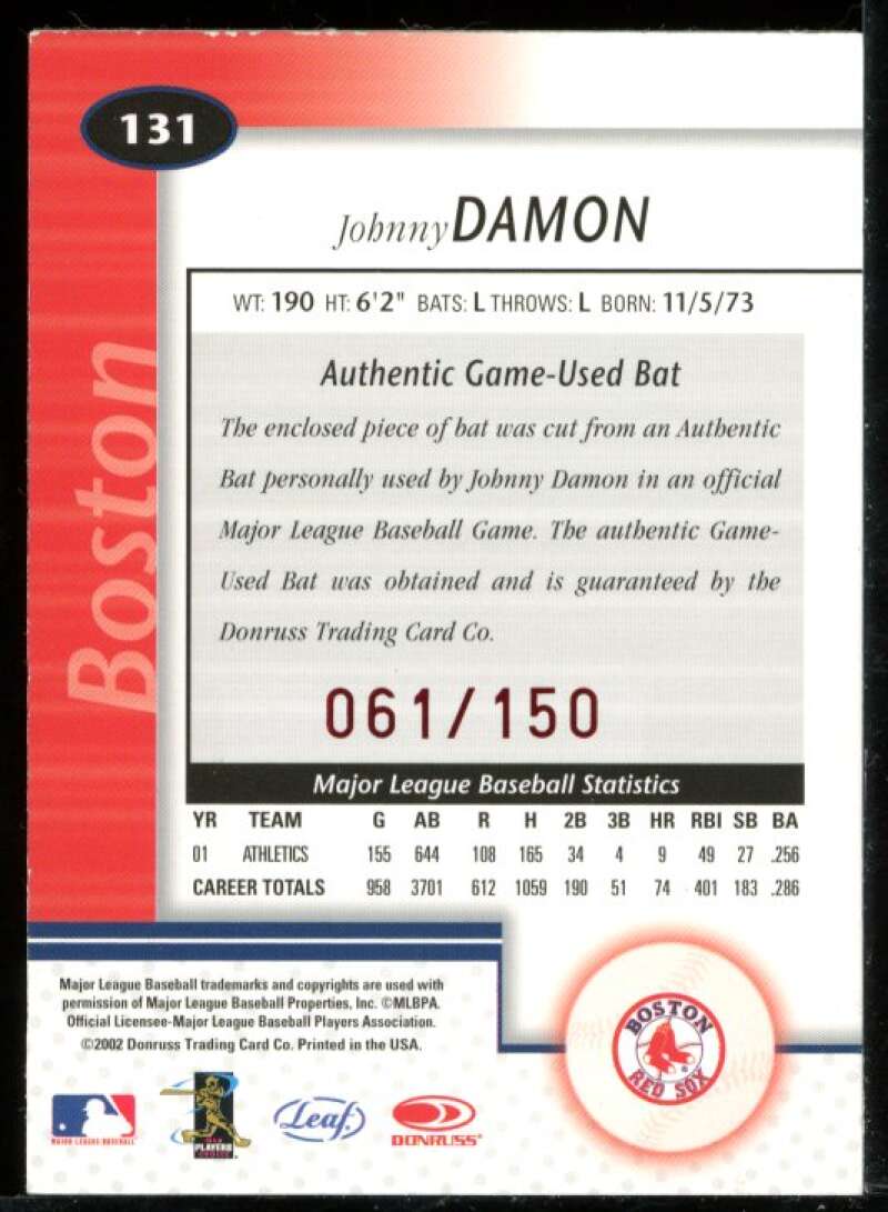 Johnny Damon Sox Bat Card 2002 Leaf Certified Mirror Red #131 Image 2