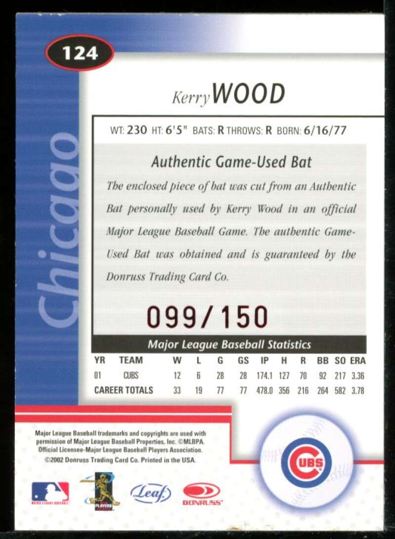 Kerry Wood Bat Card 2002 Leaf Certified Mirror Red #124 Image 2