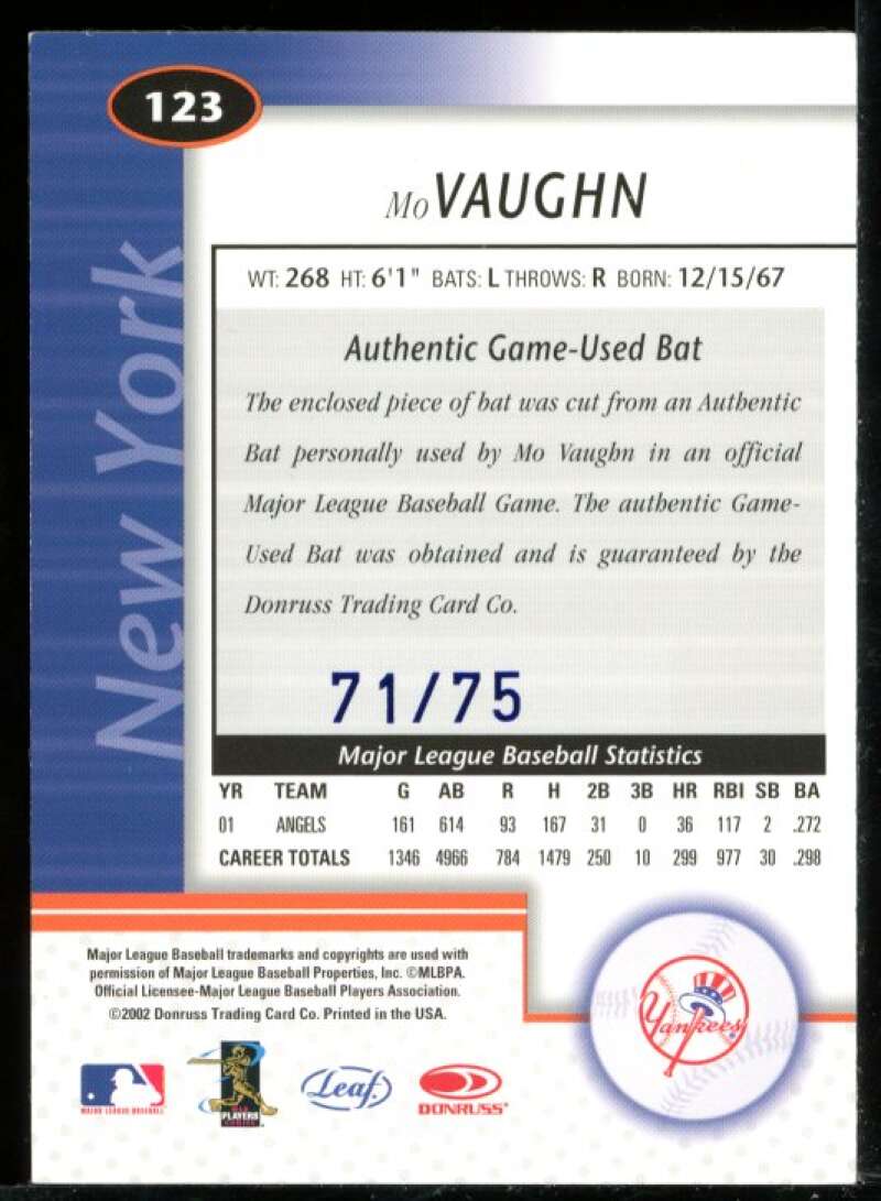 Mo Vaughn Bat Card 2002 Leaf Certified Mirror Blue #123 Image 2