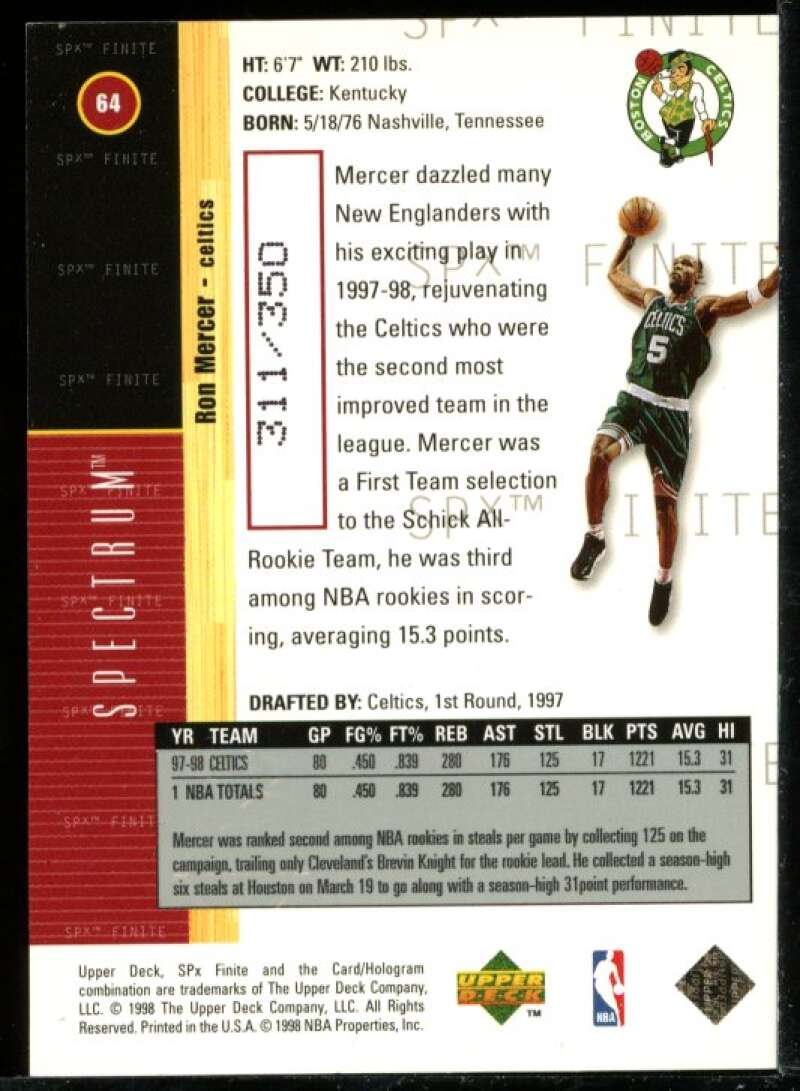 Ron Mercer Card 1998-99 SPx Finite Spectrum #64 Image 2