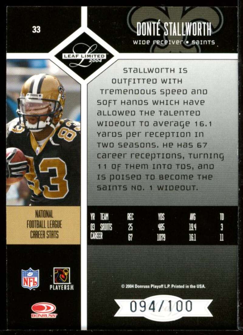 Donte Stallworth Card 2004 Leaf Limited Bronze Spotlight #33 Image 2