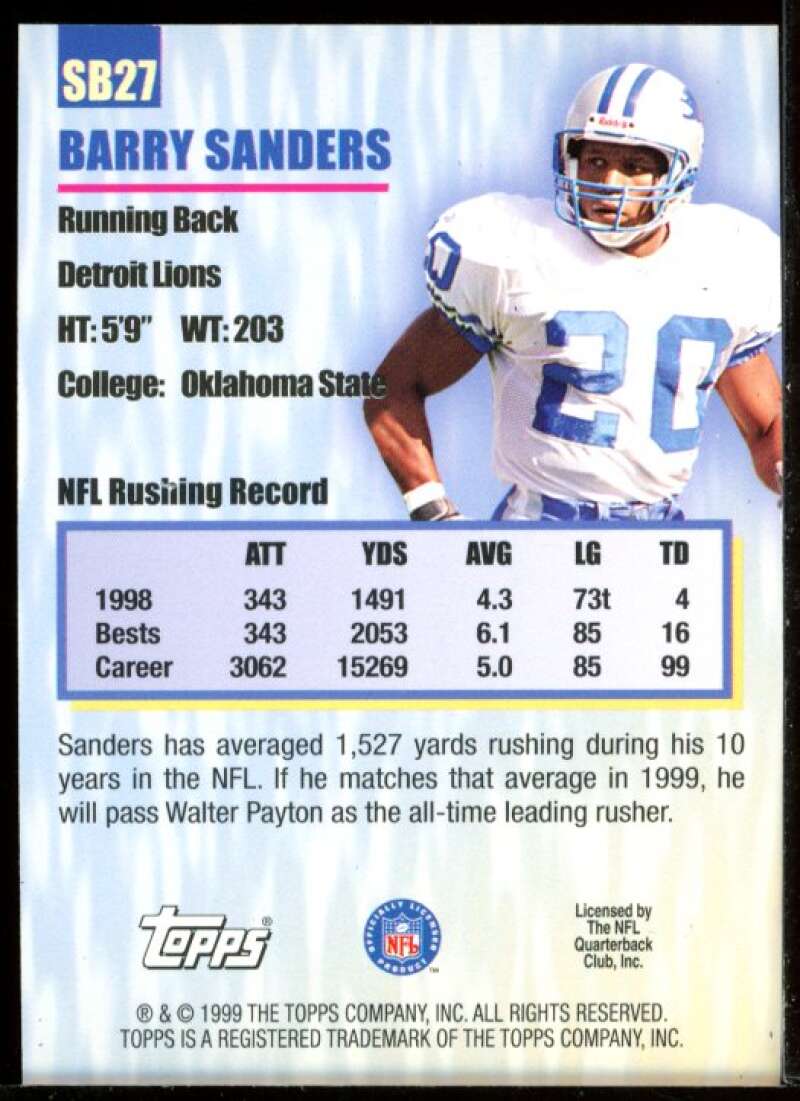 Barry Sanders Card 1999 Topps Season's Best #SB27 Image 2