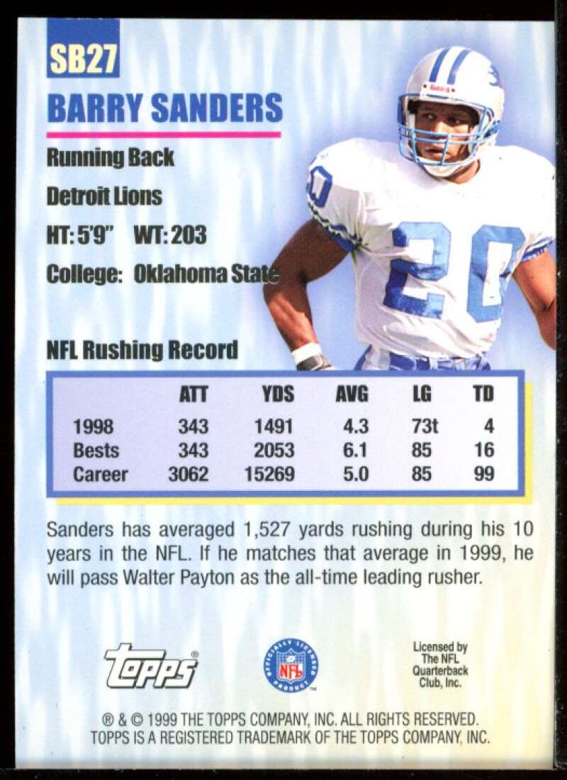 Barry Sanders Card 1999 Topps Season's Best #SB27 Image 2