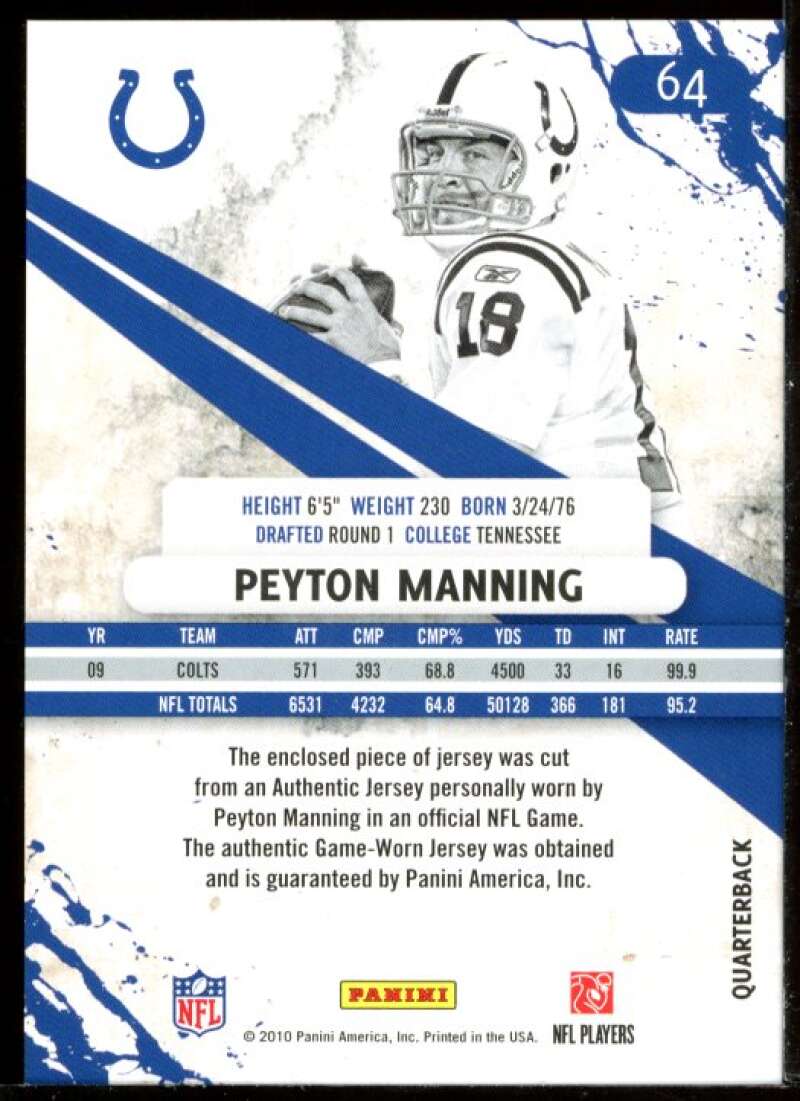 Peyton Manning Card 2010 Rookies and Stars Materials Gold #64 Image 2