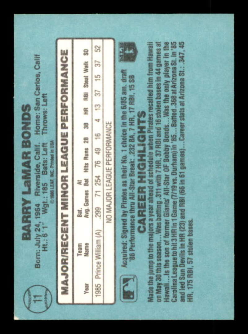Barry Bonds Rookie Card 1986 Donruss Rookies #11 Image 2