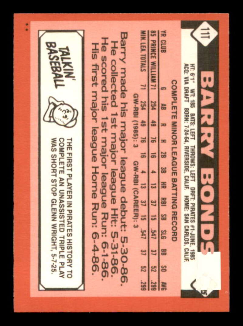 Barry Bonds Rookie Card 1986 Topps Traded #11T Image 2