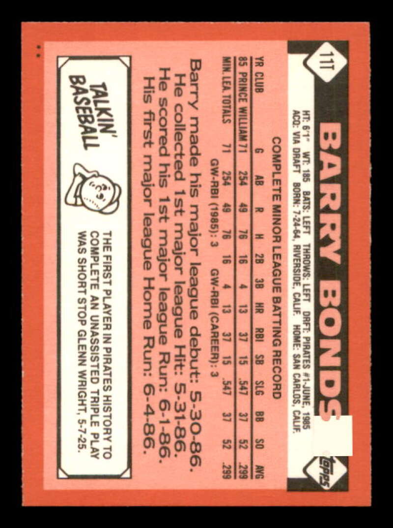 Barry Bonds Rookie Card 1986 Topps Traded #11T Image 2