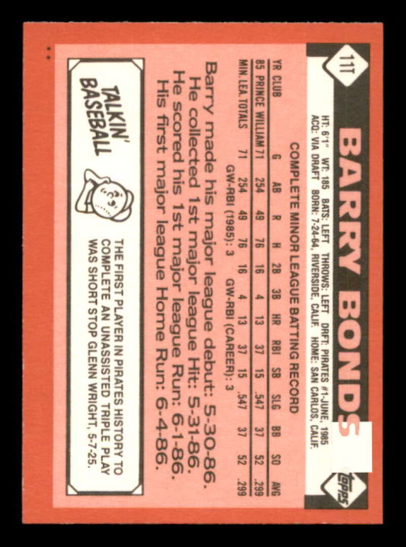 Barry Bonds Rookie Card 1986 Topps Traded #11T Image 2