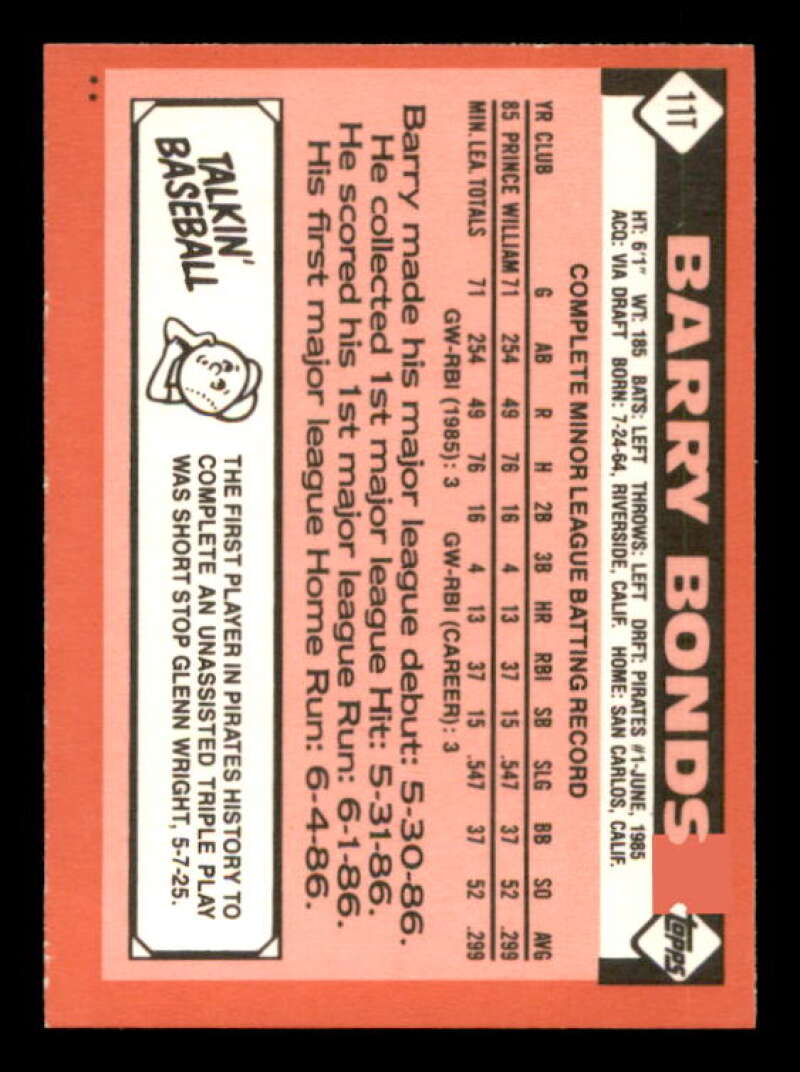 Barry Bonds Rookie Card 1986 Topps Traded #11T Image 2