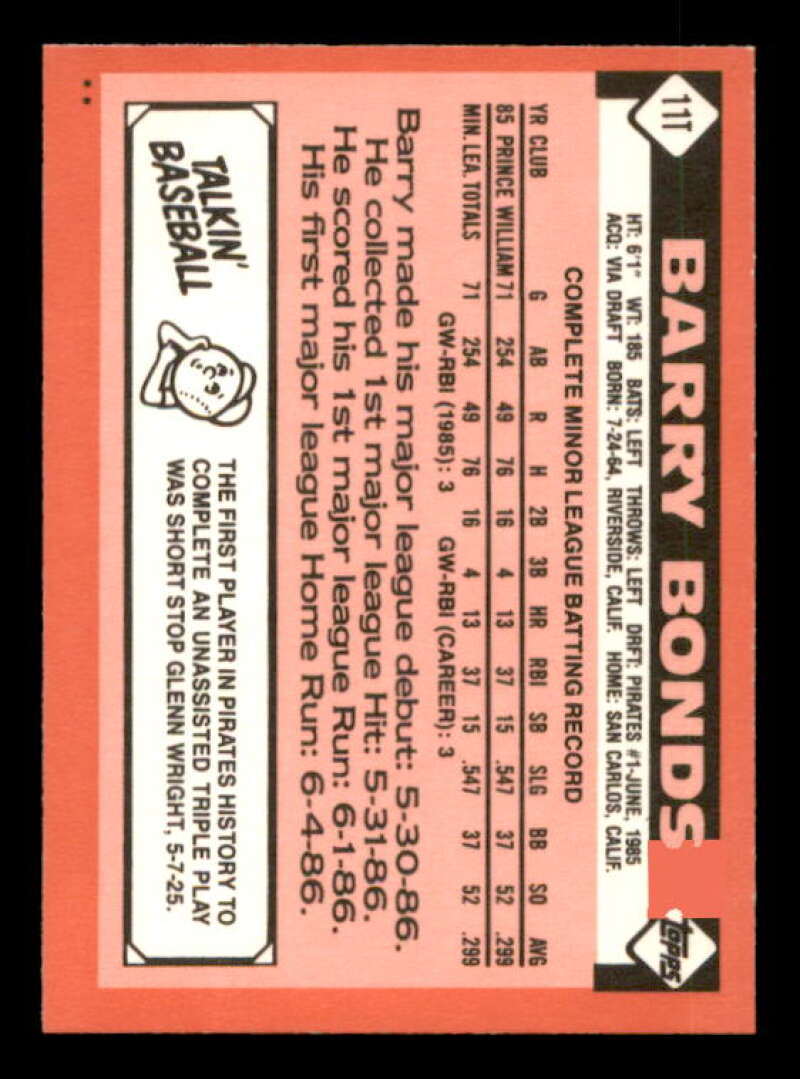 Barry Bonds Rookie Card 1986 Topps Traded #11T Image 2