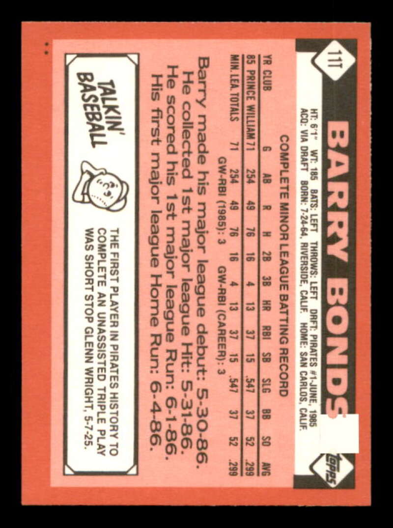 Barry Bonds Rookie Card 1986 Topps Traded #11T Image 2