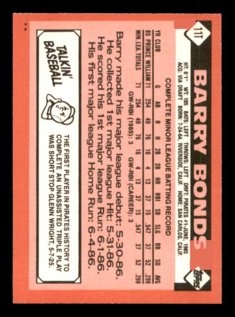 Barry Bonds Rookie Card 1986 Topps Traded #11T Image 2