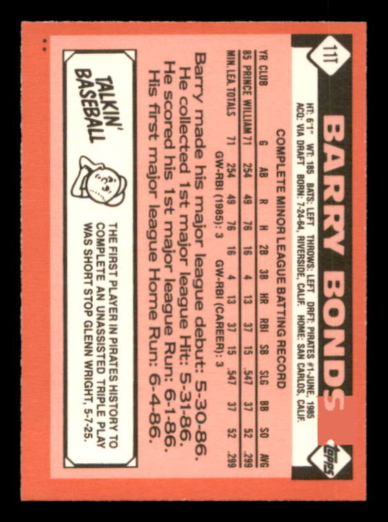 Barry Bonds Rookie Card 1986 Topps Traded #11T Image 2