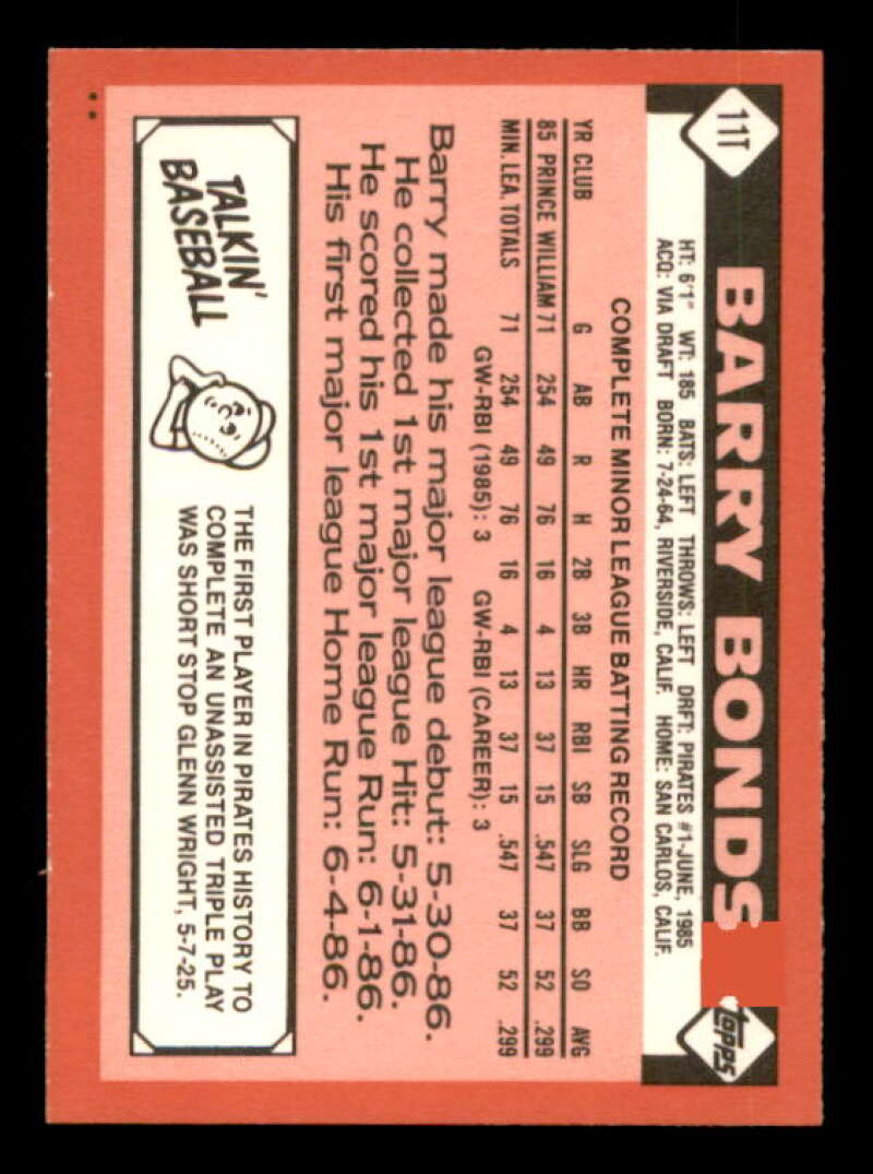 Barry Bonds Rookie Card 1986 Topps Traded #11T Image 2